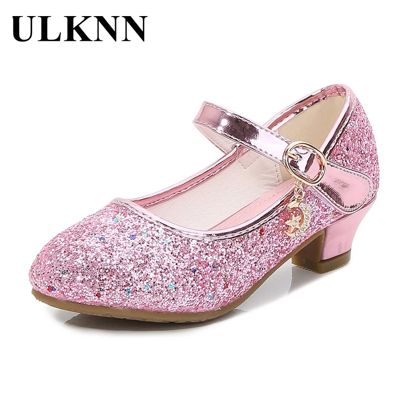 

ULKNN Kids High Heel Shoes Girls Leather Shoes Flower Casual Pink Glitter Children 2024 Girls Shoes Butterfly Knot size 26-38