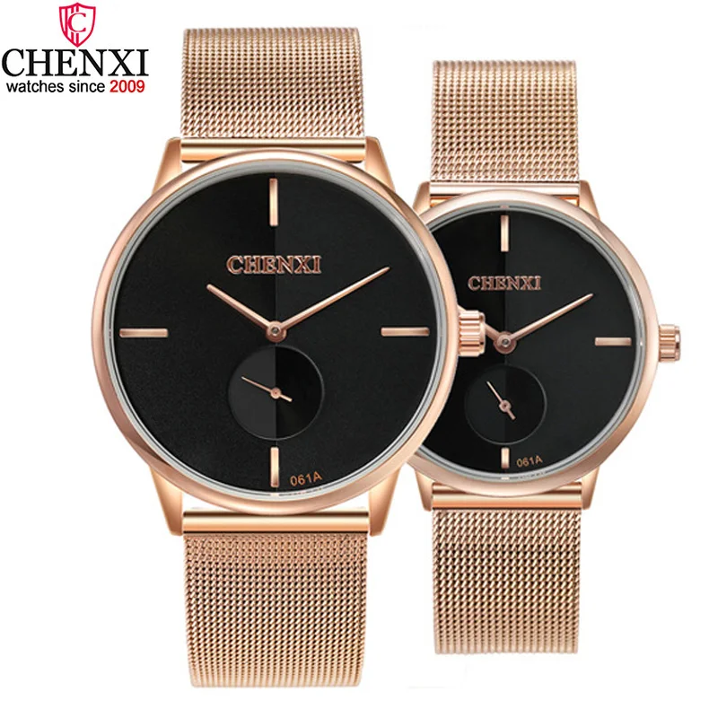 Moda casual amante relógios chenxi marca preto rosa ouro masculino feminino casal relógio de pulso à prova dwaterproof água único presente parar