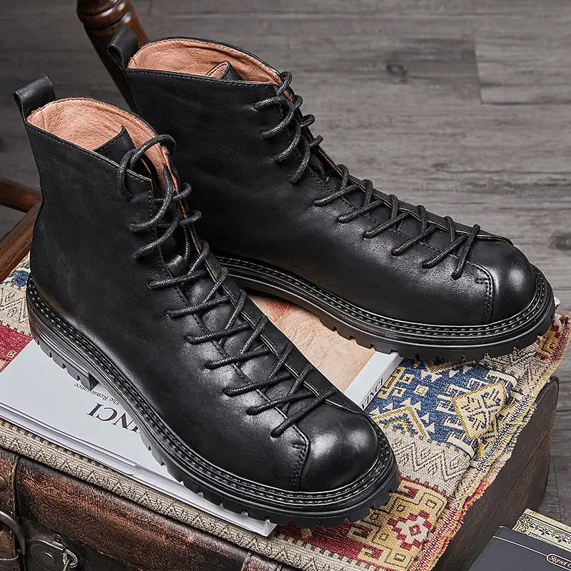 New ARRIVAL Men\'s Genuine Leather Retro  Comfort Short Boots Trendy Cool Boy Shoes Autumn