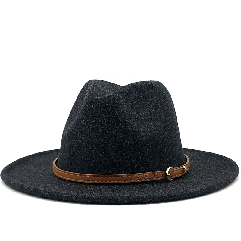 Women Men Wool Jazz Hat With Leather Ribbon Flat Brim Big Brim Elegant Gentlemen Couple Hats Panama Sombrero Cap