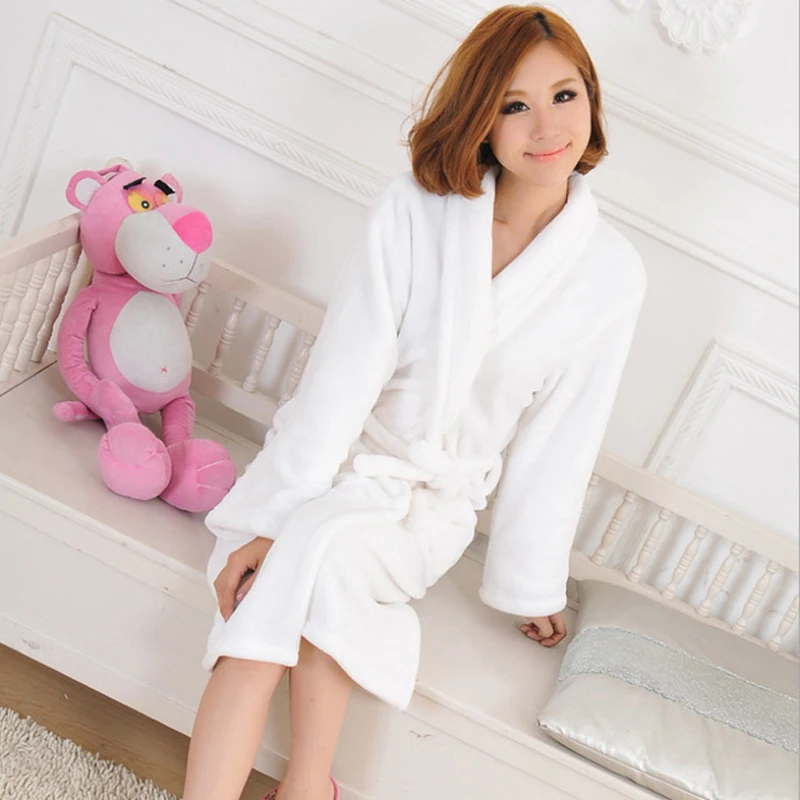 Lovers Winter Flannel Kimono Bathrobe Gown Thick Warm Sleepwear Man And Women  Long Sleeve Robe Lounge Coral Fleece Home Wear