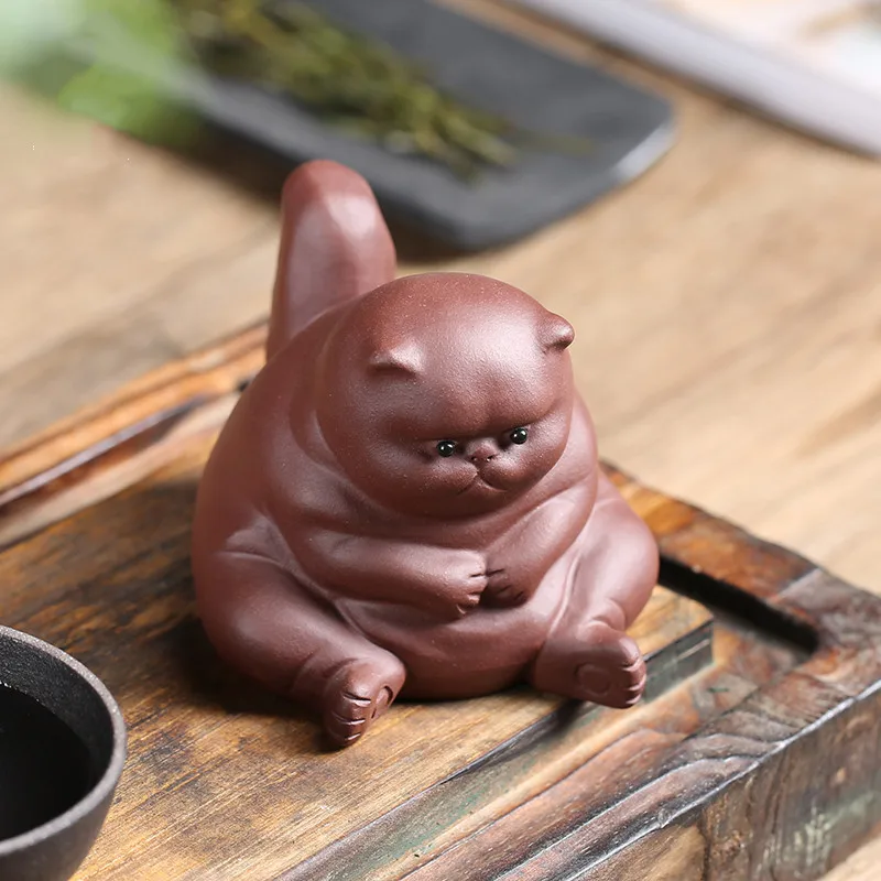 Purple Clay Cat Ceramic Animal Figurines Zisha Tea Pet Angry Cats Crafts Household Office Tea Accessories Car Decoration Toy