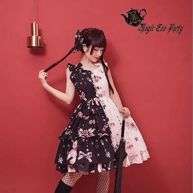 Sweet lolita strap dress vintage bowknot cute printing high waist princess victorian dress kawaii girl gothic lolita cos loli