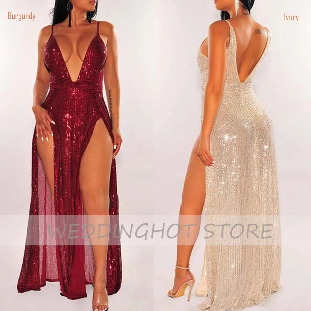 Vestidos de Noche de sirena sexys, largos, elegantes, con tirantes finos, lentejuelas, para fiesta de graduación, vestidos personalizados sencillos con abertura lateral, 2021