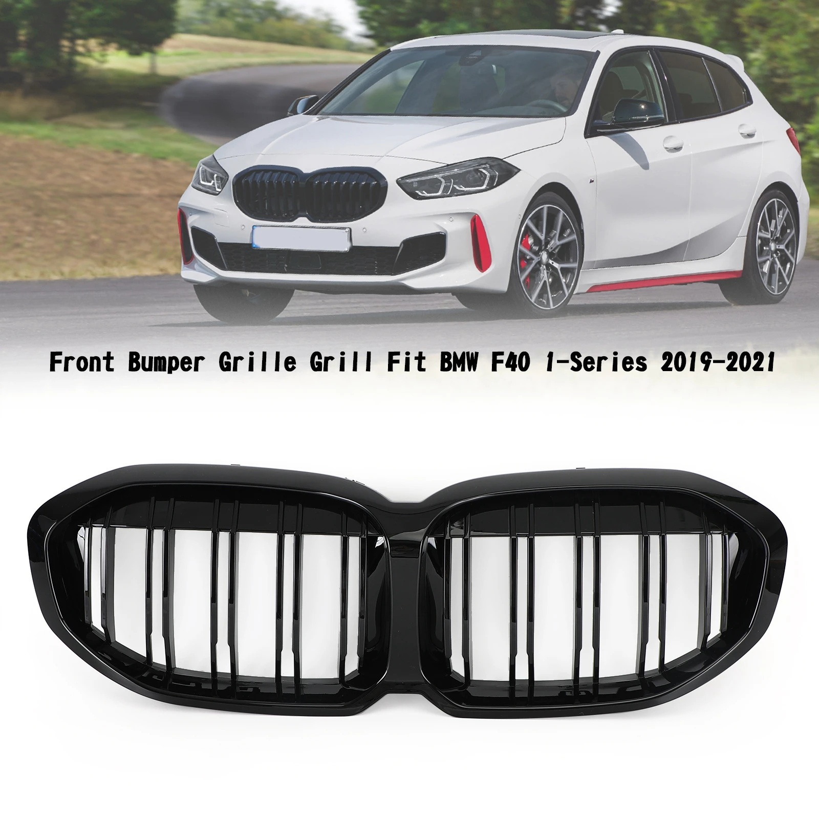 Areyourshop Gloss Double Black Front Replacement Hood Grille for BMW F40 1-Series 2019-2023 51138080490 Car Auto Parts