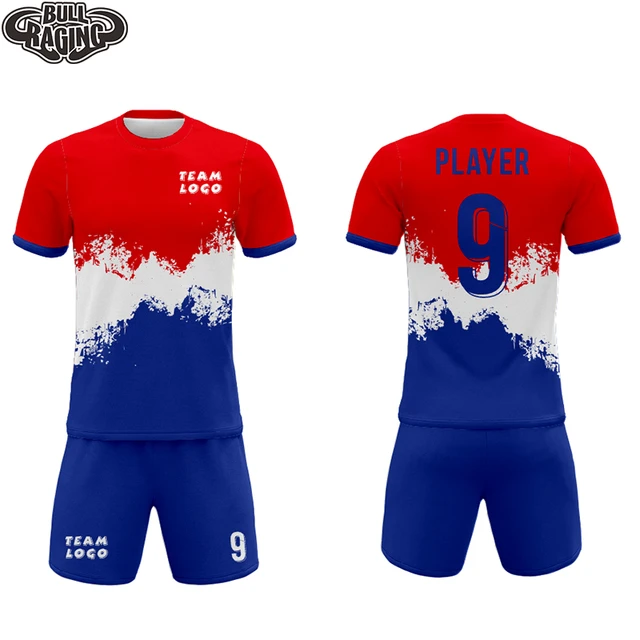 Diseno de inyeccion de tinta en rojo blanco y azul impresion por sublimacion completa personalizada camisetas de futbol de escuela secundaria Kits