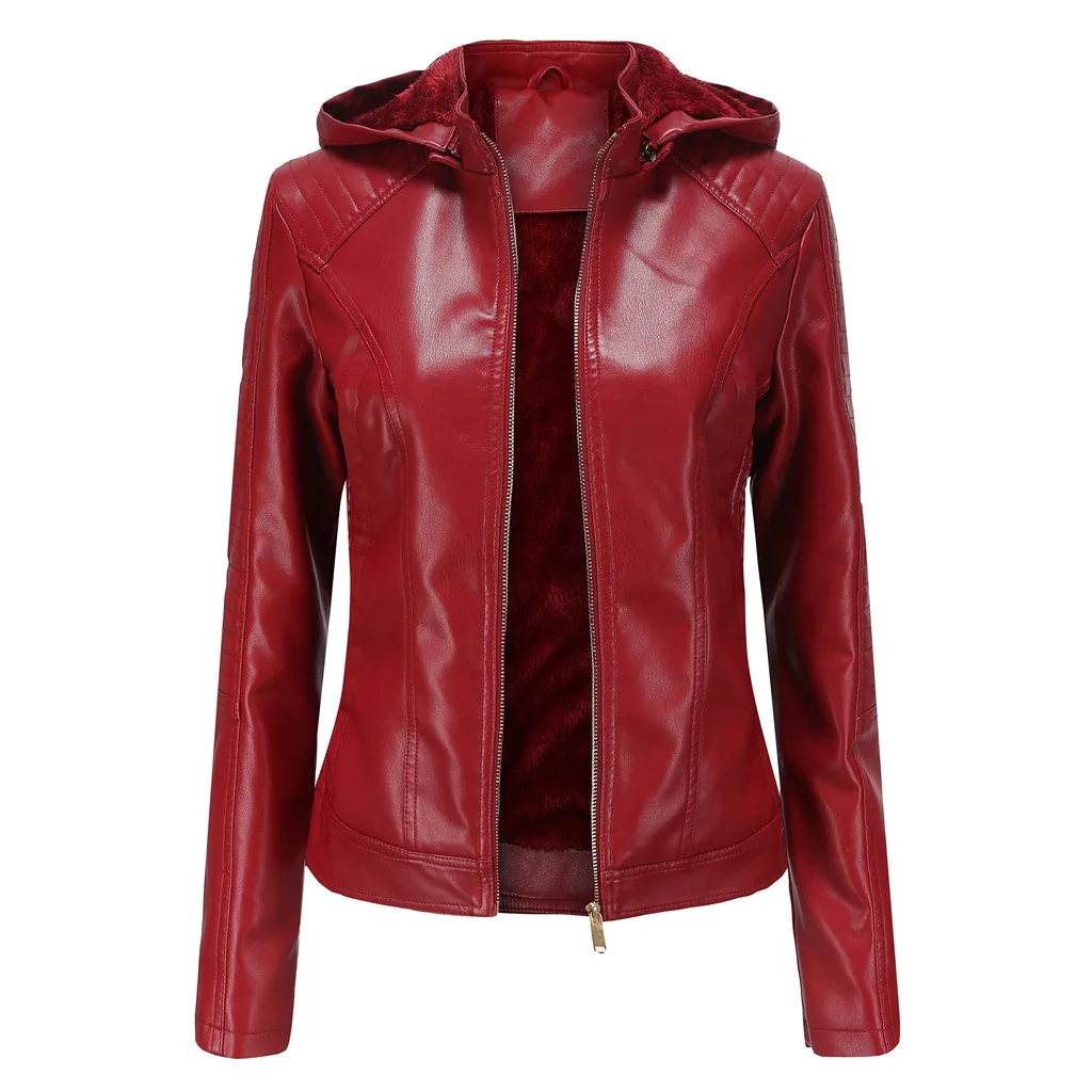 Winter New Black Fleece Hooded Leather Jacket Women\'s Fashionable Trim Motorcycle Women Coat Zipper Switch Tops Red Khaki Grey