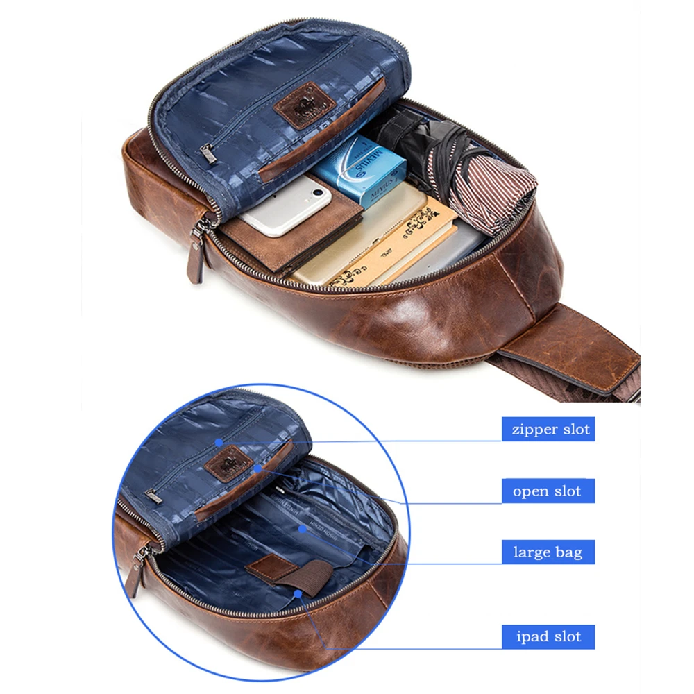 BISON DENIM Men\'s Genuine Leather Chest Bags Men Multifunctional Shoulder Messenger Bags Male Sling Pack Crossbody Bag W2445