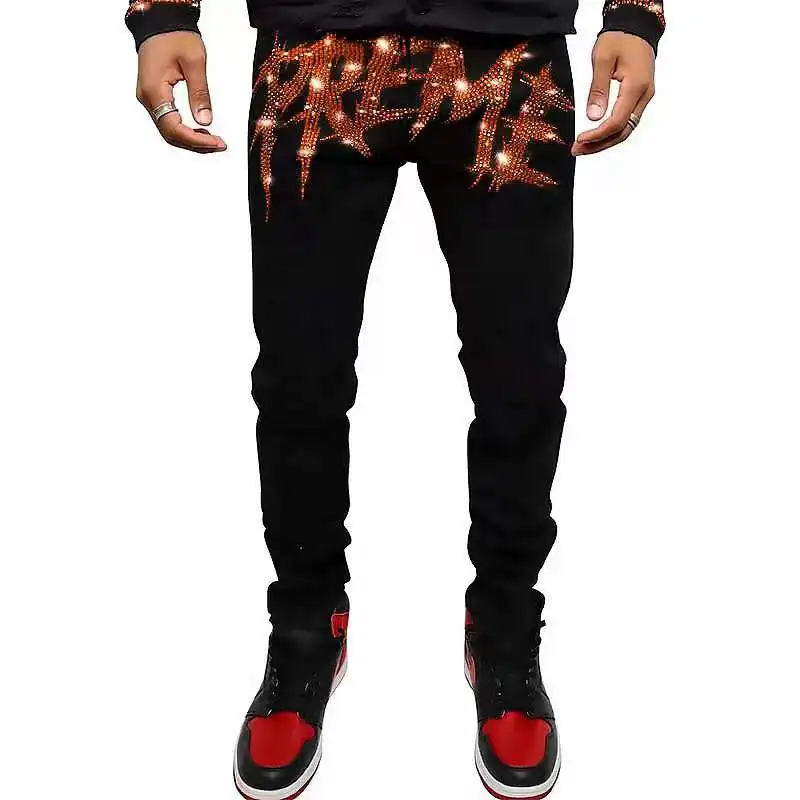 Elástico rasgado jeans preto hip hop magro buraco moto calças carta strass streetwear punk denim lápis calças