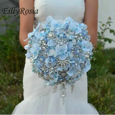 EillyRosia Blau Braut Bouquet Brosche Schmuck Perlen Kristalle Blütenblätter Lavendel Lila Hochzeit Bouquet Luxus Braut Zubehör