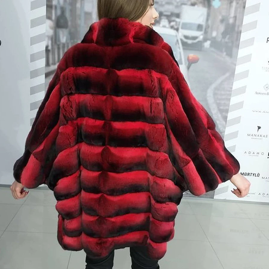 Natural Rex Rabbit Fur Coat Women Winter Fur Jacket Bat Type Overcoat In Red Color Custom Size And Color