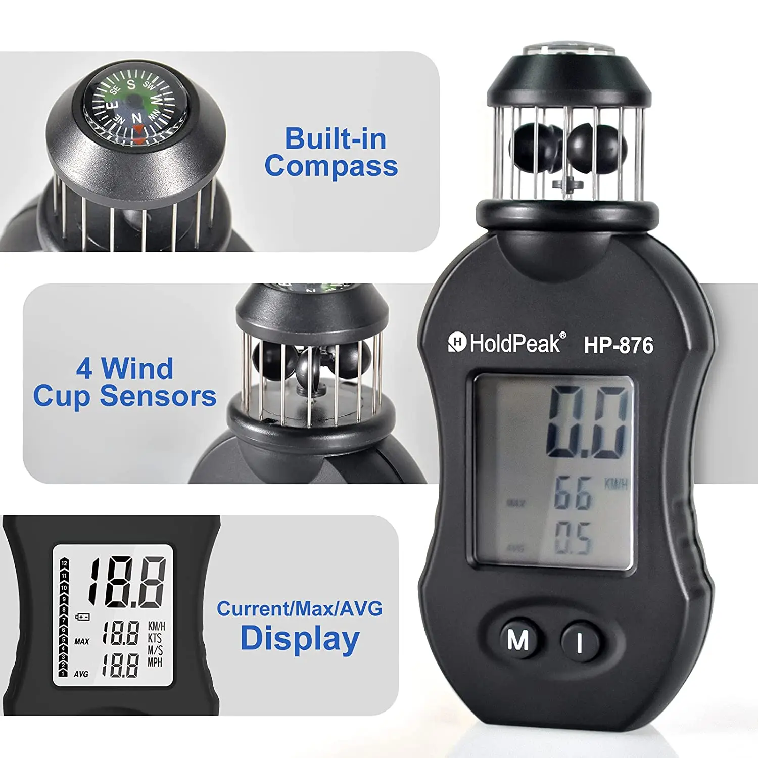 Holdpeak HP-876 Handheld Anemometer Digital Wind Speed Meter Measuring Air Speed Air Volume for HVAC Vents,Boat Sailing,Shooting