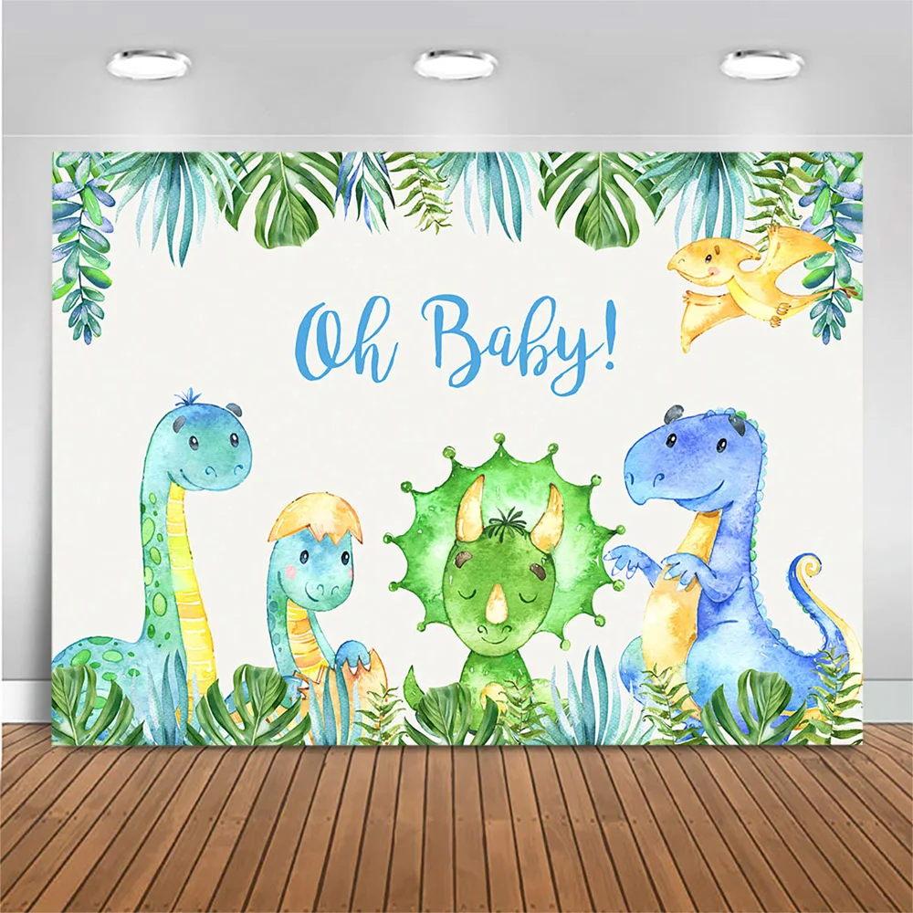 

MOCSICKA Safari Theme Baby Shower Backdrop Photography Dinosaur Cartoon Animal Photo Background Oh Baby Photo Shoot Green Leaf