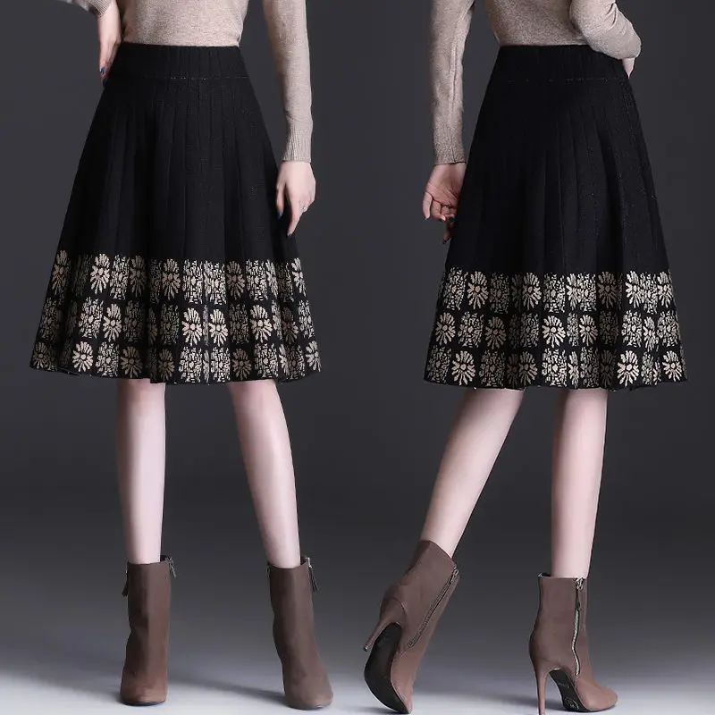 

Midi Knitted Skirt Autumn And Winter Women's Pleated Woolen Skirt Flower A-Line Umbrella Elegant Femme Jupe High Waist y1165