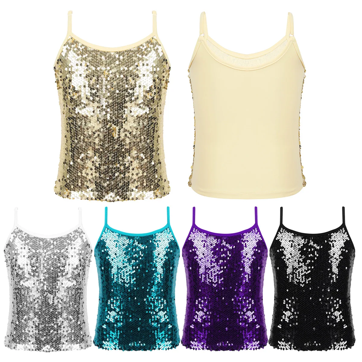 

Kids Girls Jazz Dance Camisole Tanks Top Sleeveless Shiny Sequins Vest Tops for Ballet Dancing Performance Clothing Streetwear