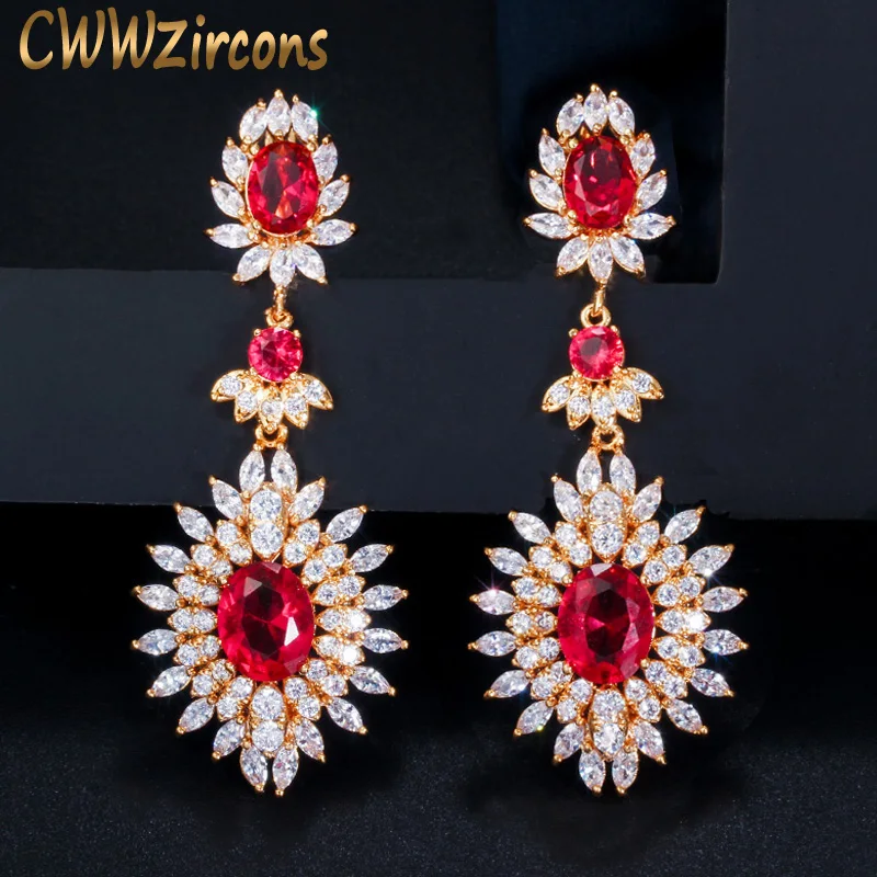 CWWZircons Yellow Gold Color Indian Red CZ Crystal Vintage Ethnic Bridal Long Big Wedding Earrings Jewelry for Women CZ301