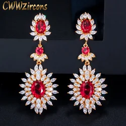 CWWZircons Yellow Gold Color Indian Red CZ Crystal Vintage Ethnic Bridal Long Big Wedding Earrings Jewelry for Women CZ301