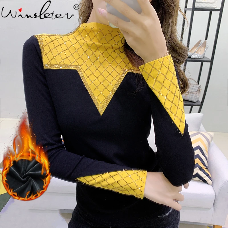 MadBlack Fall Winter Clothes Lady Thick T-Shirt Chic Sexy Color Blocking Shiny Diamonds With Fleece Tops All Match Tees T10004A