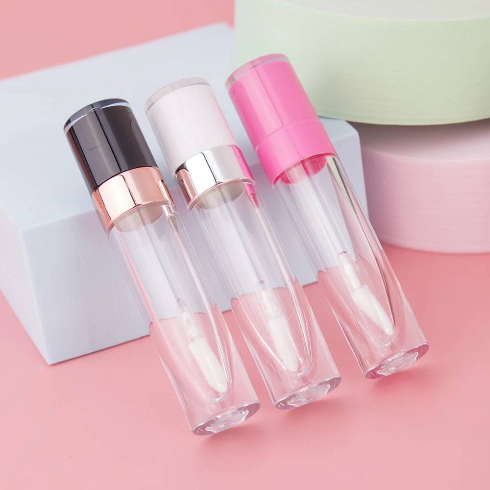 Tubos vacíos de plástico transparente para brillo de labios, 6,4 ML, Mini contenedor de cosméticos de muestra con tapa dorada, juego de 5 piezas