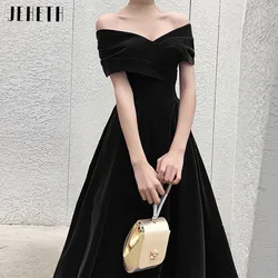 JEHETH Black Off Shoulder V-Neck Velvet Prom Party Dresses Tea Length Backless Formal Evening Gowns for Women robes de soirée