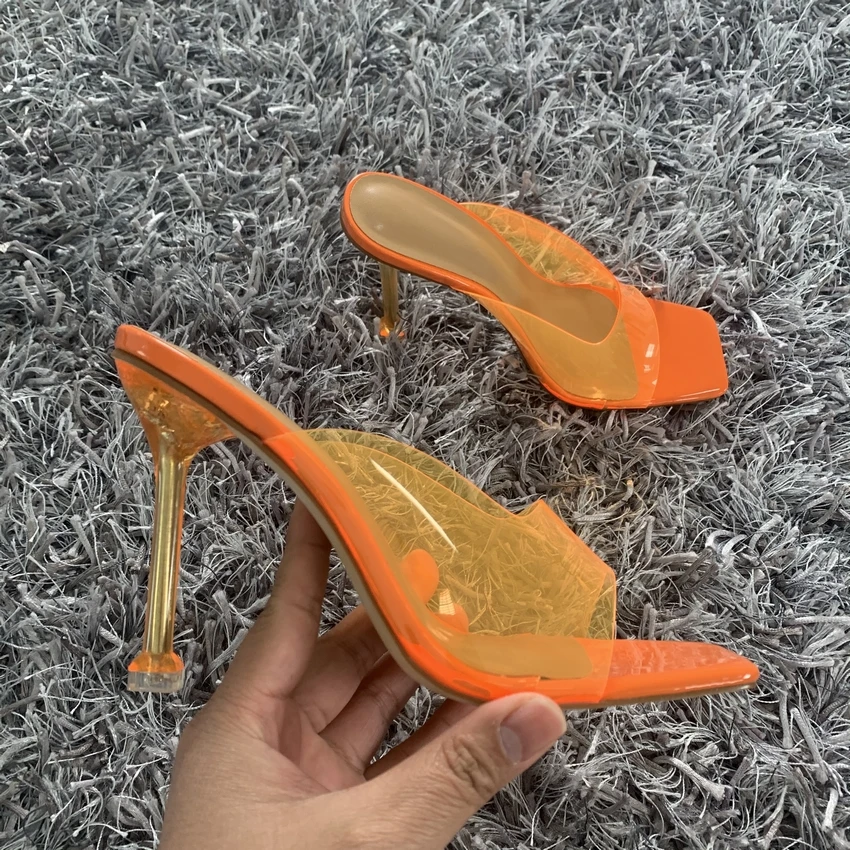 Summer Women Pumps 2021 PVC Transparent High Heels Sandals Slippers Sexy Square Toe Heels Mules Casual Fashion Shoes Woman