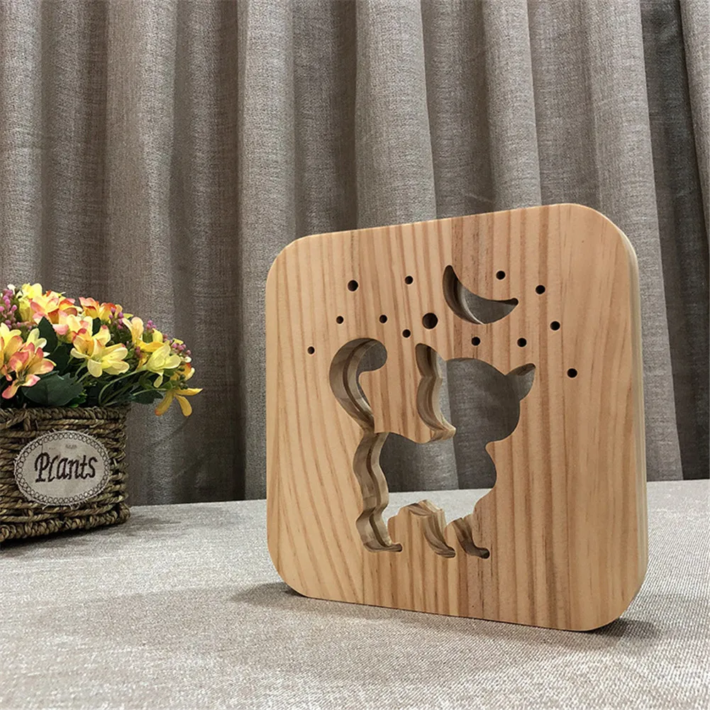 Home bedroom new 3D kitten wooden table lamp LED USB charging station night light Drop shipping