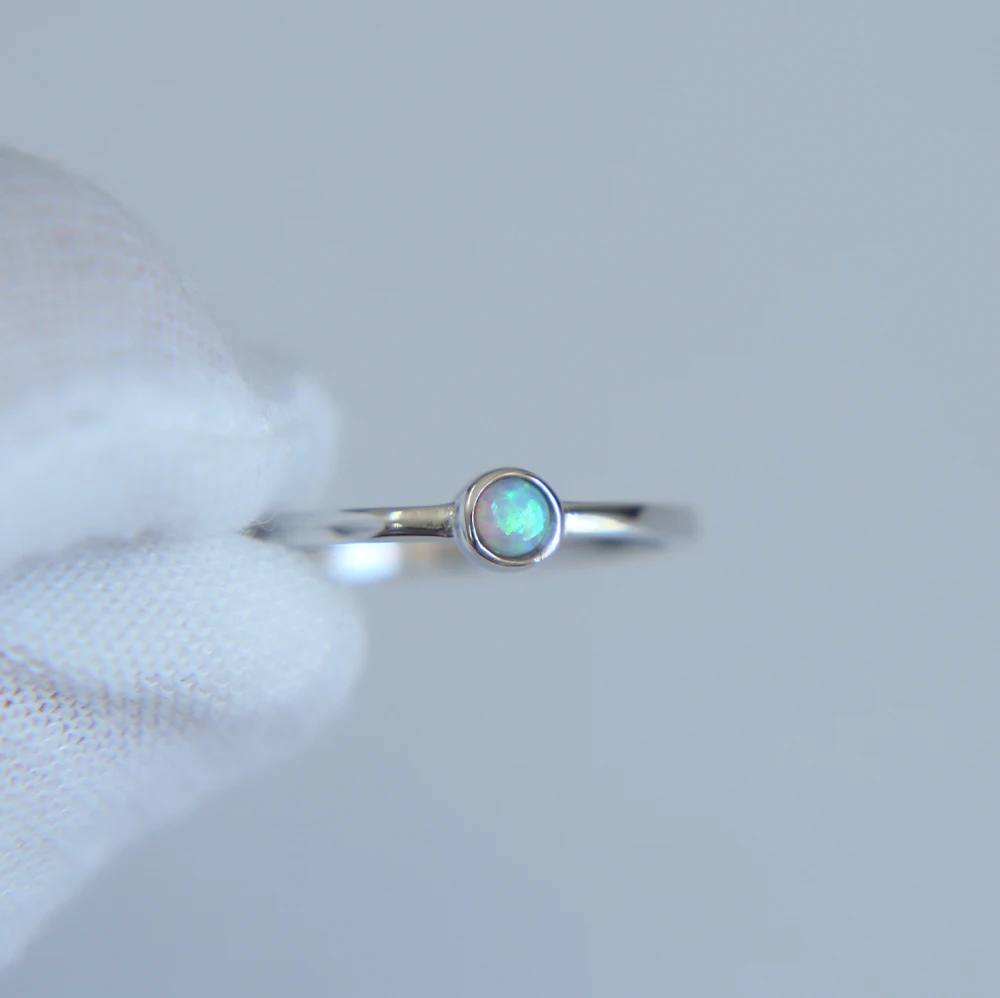 925 Sterling Silver Jewelry Mini Round Opal stone paved Delicate Minimal Simple Single Stone Silver Ring for women