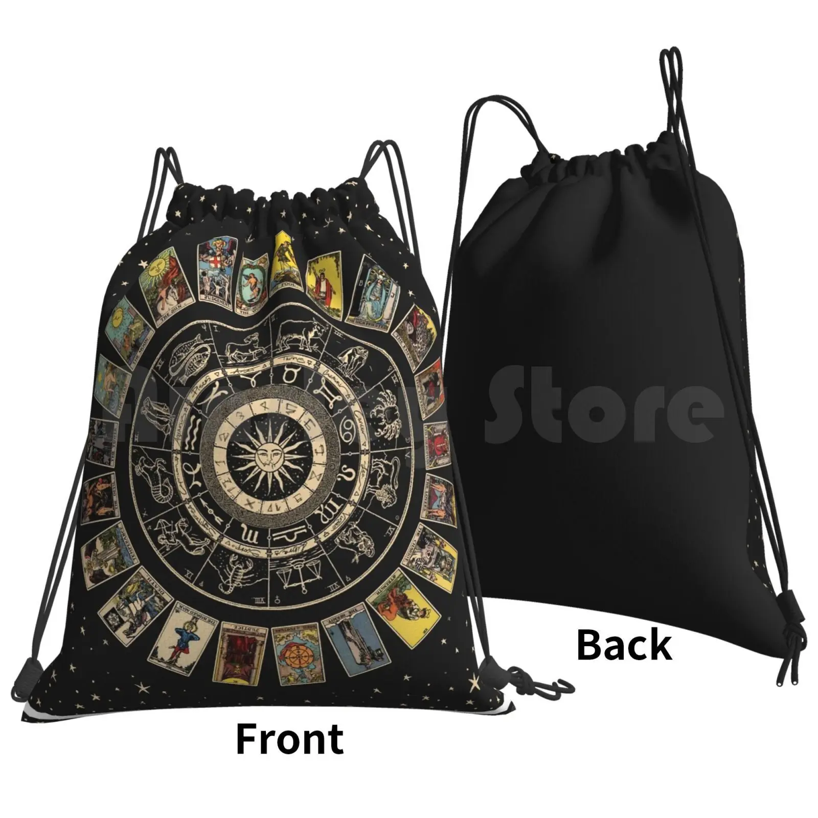 Wheel Of The Zodiac , Astrology Chart & The Major Arcana Tarot Backpack Drawstring Bags Gym Bag Waterproof Labyrinth