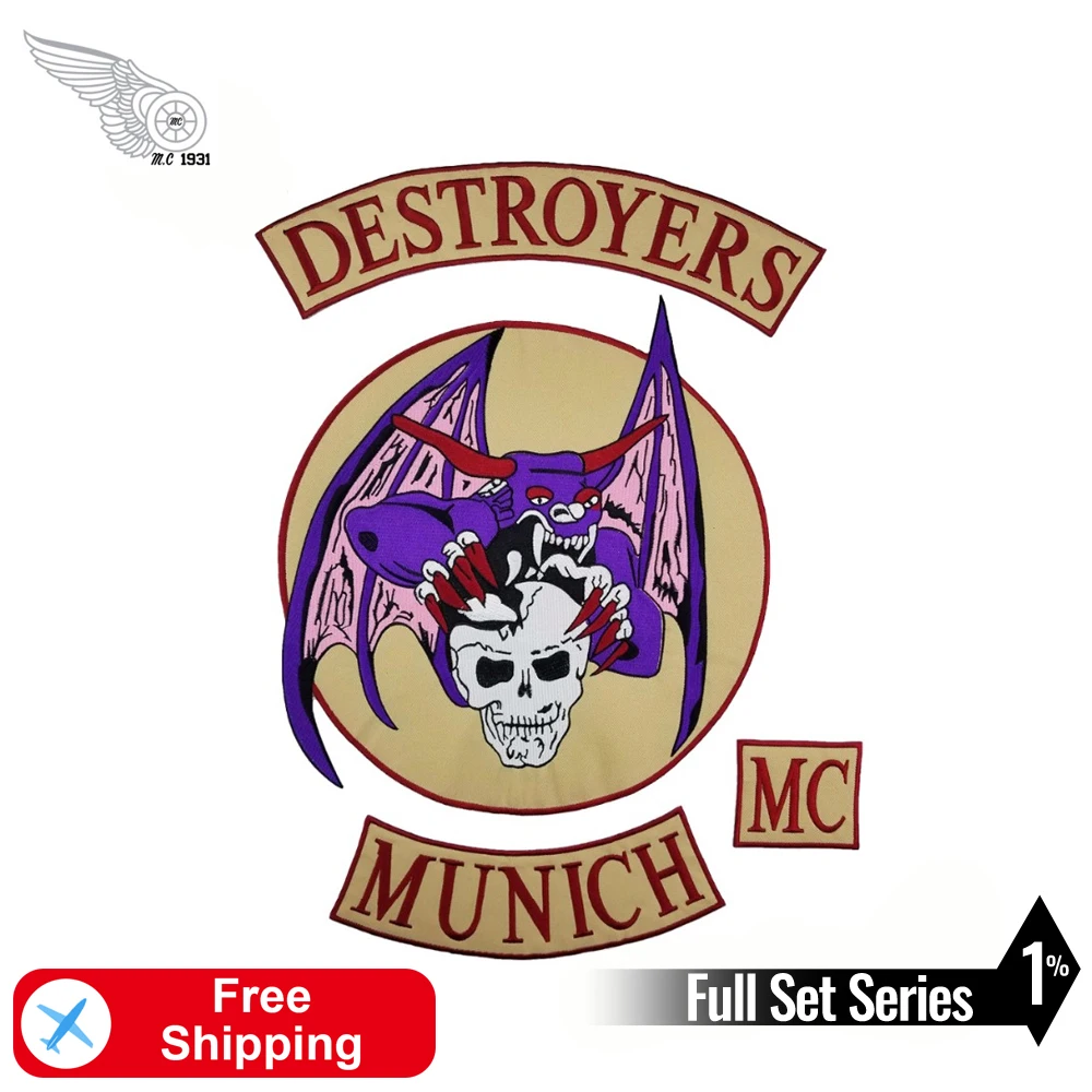 Destroyer MC Teschio con ali Set completo Grande ricamo Club Toppa termoadesiva per abbigliamento Giacca Accessori per abbigliamento Applique
