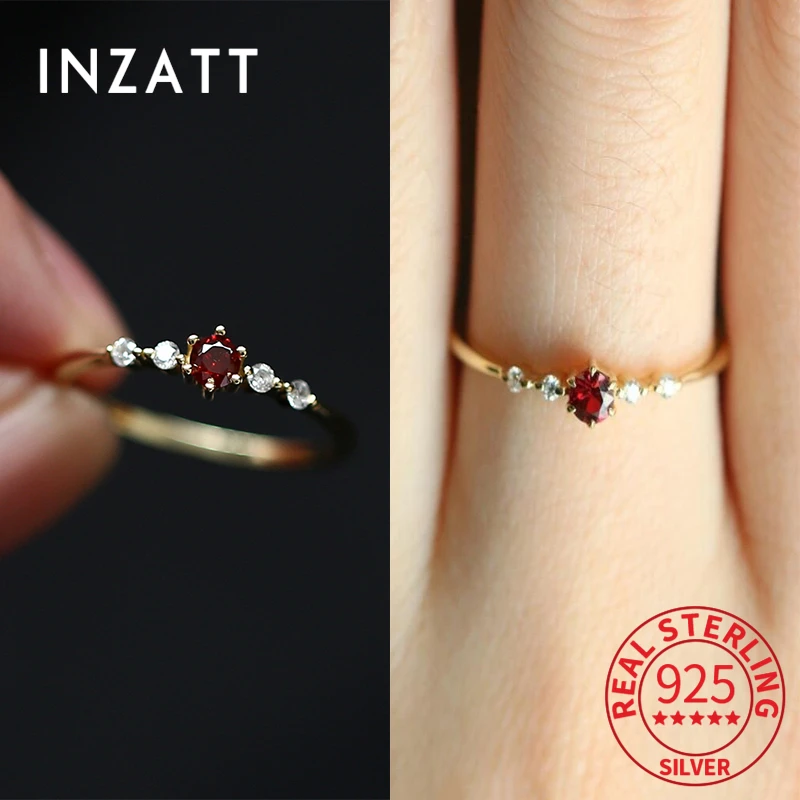 INZATT Real 925 Sterling Silver Zircon Heart Red Crystal 14K Gold Ring For Fashion Women Charm Fine Jewelry Cute Accessories