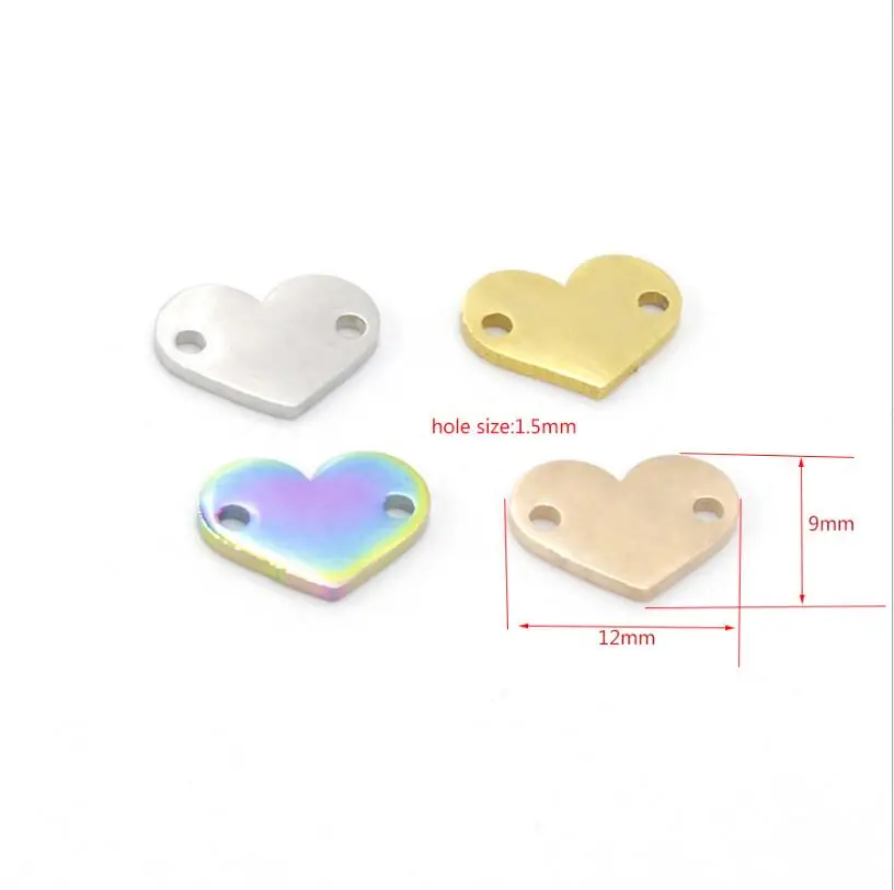 10pcs/Lot Full Mirror Polish Effect Stainless Steel Mini Heart Charms 2 Inner Holes DIY Connector For Making Brracelet 5 Colors