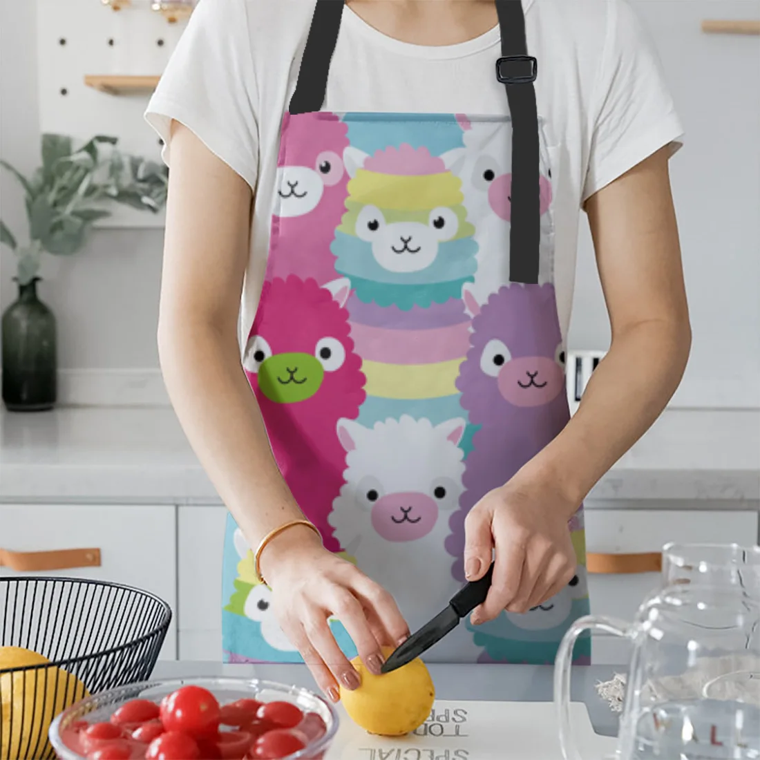 Alpaca Rainbow Cute Colorful Cartoon Apron Kitchen Baking Accessories Kitchen Bib for Cooking Apron Cuff Kit Aprons for Kid