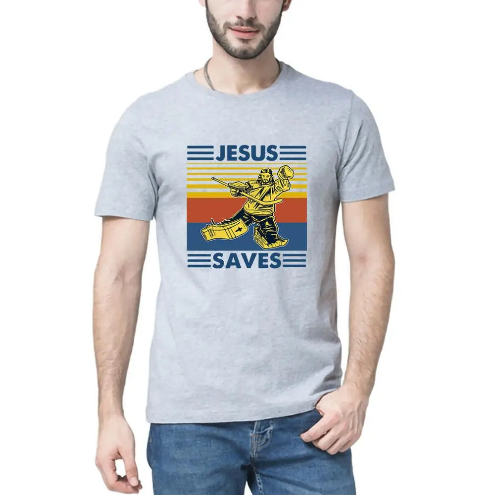 Jesus Saves Hockey Goal Vintage Retro 2023 Men's Short Sleeve Sport 100% cotton Mens Streetwear Homme tees Womens T-Shirt Gift