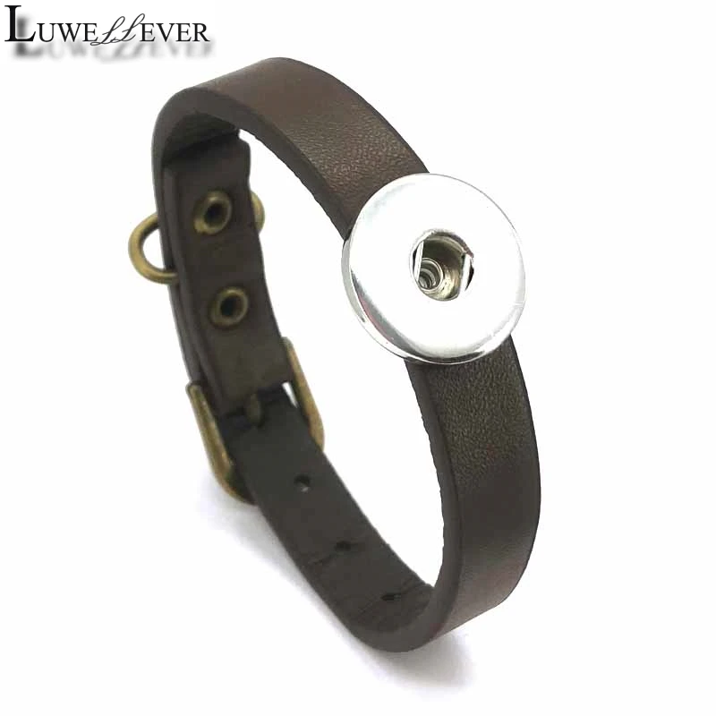 Luwellever 308 Really Genuine Leather Retro Fashion Bracelet Bangle Fit 18mm Snap Button Charm Jewelry For Women Teenagers Gift