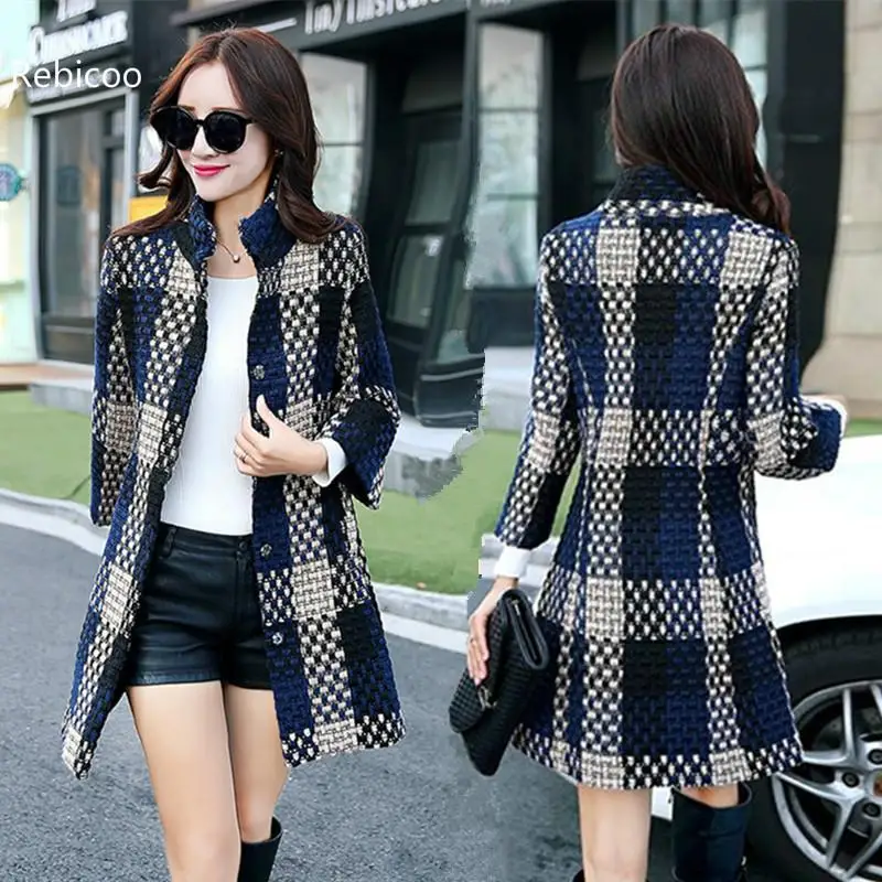 

Large size plaid woolen coat women's long section new autumn and winter Korean version of thick woolen coat coat fashion