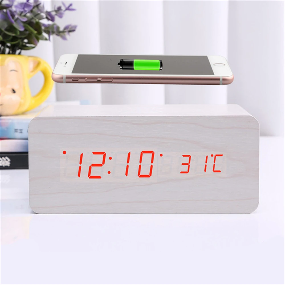 Modern Wooden Digital LED Backlit Alarm Clock Thermometer Wireless Charger Multiple Colors Optional