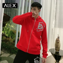 AlexPlein hoodie men sweatshirts one piece skull embroidery streetwear men 100% cotton couple clothing tracksuit men fashion red