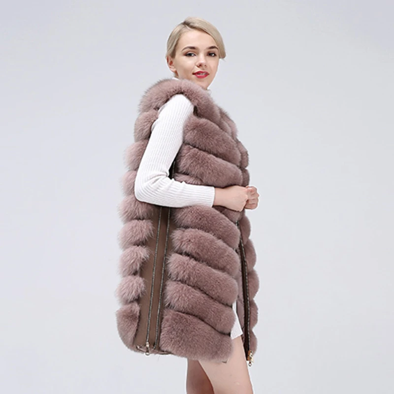 Natural Women\'s Fox Fur Coat Vest New Zipper Long Coat Winter Warm Coat Natural Fur True Fox Vest Jacket Free Shipping