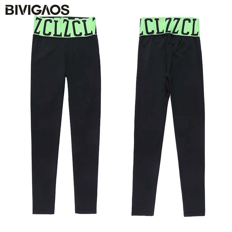 BIVIGAOS Large Letter High Waist Stitching Sharkskin Leggings Women\'s Elastic Autumn Leggings Pants Black Sports Fitness Legging