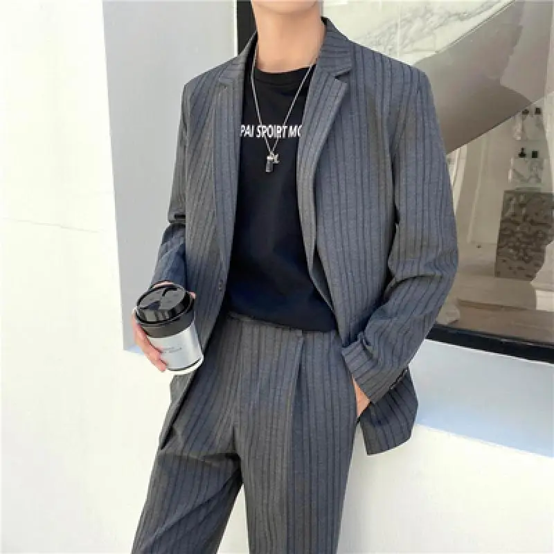 Men's Stripe Suit Two Pieces Set Simple Light Mature Loose Long Sleeve Suit Coat + Suit Pants High Quality New 2021 Gentleman