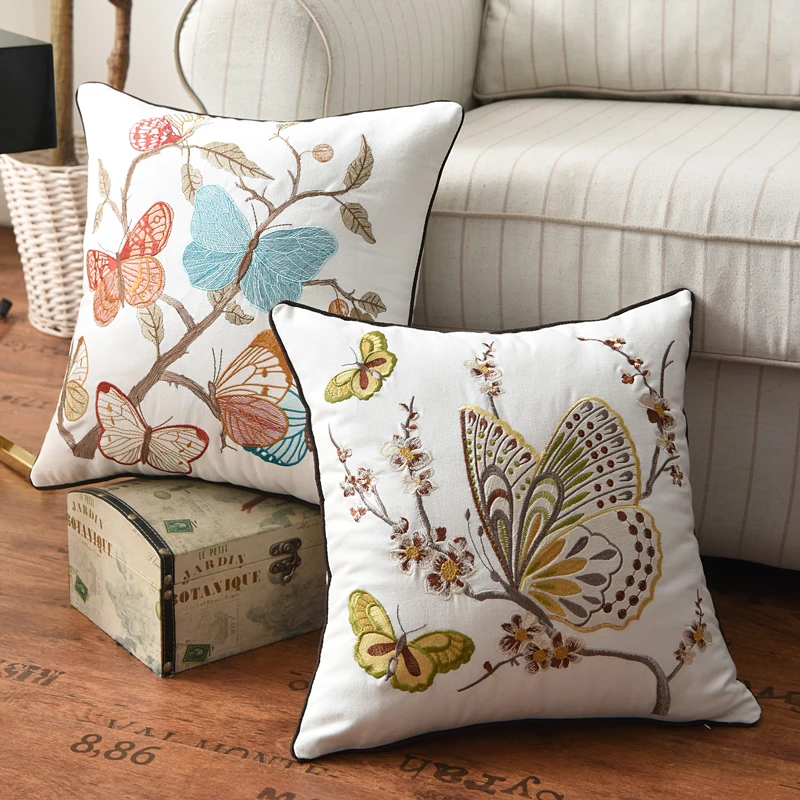 Butterfly Cushion Cover 45x45cm Floral Country Style Pillow Cover Cotton  Embroidery Suqare Home decoration  for Living Room