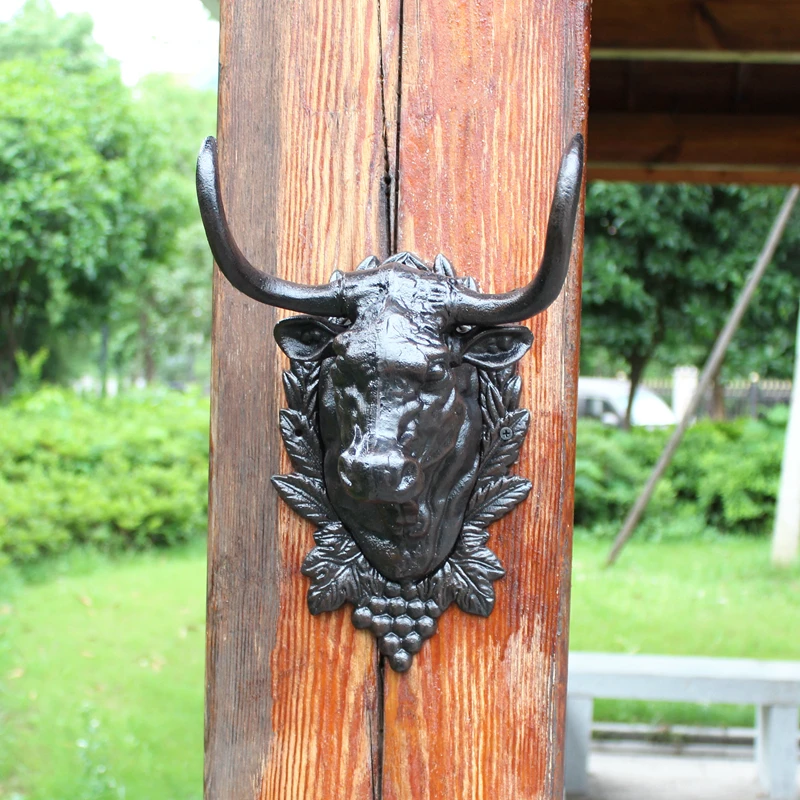 Antique Black Cast Iron Large Cattle Head With Screws For Coffee Bar Home Garden Decoration Wall Mounted Metal Big Bull Figurine