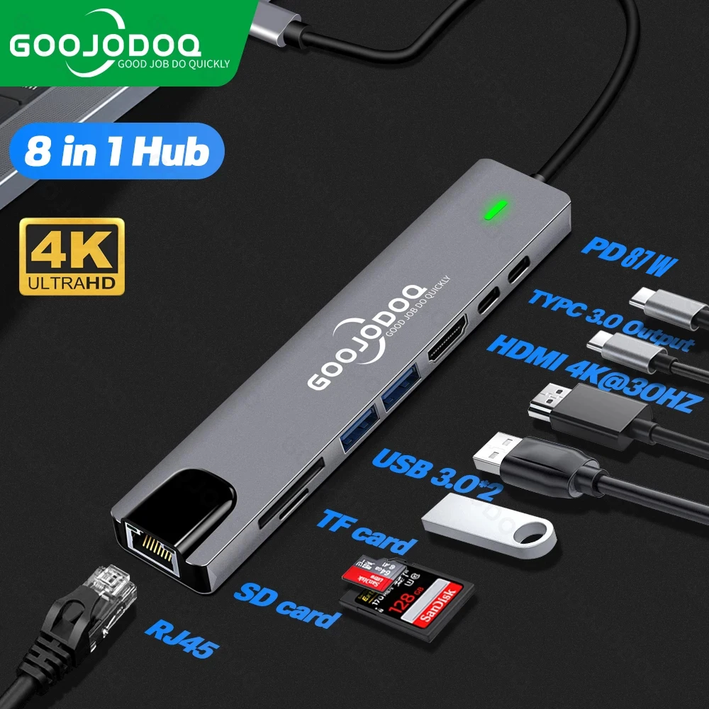 

USB-концентратор тип C к HDMI-совместимый адаптер USB 3,0 8 в 1 Тип C концентратор RJ45 PD Зарядное устройство Док-станция для MacBook Pro Air USB C разделитель