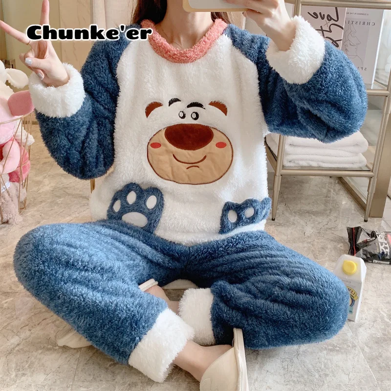 Pajamas Female Coral Velvet Autumn And Winter Sweet Flannel Thickened Plush Loose Oversize Home Clothes Set pajama sets