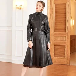 Genuine Leather Long Jacket Women Real Sheepskin Trench Coat Belt Luxury Brand Autumn Winter Office Ladies Elegant Coat Dress