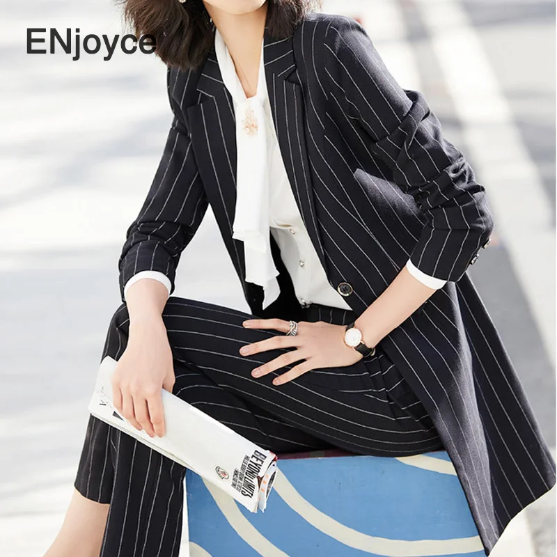 Women Suit Sets Vintage Striped Black Long Sleeve Suits Blazer and Slim Pants/Skirt Office 2 Pieces Set Spring Fall Workwear