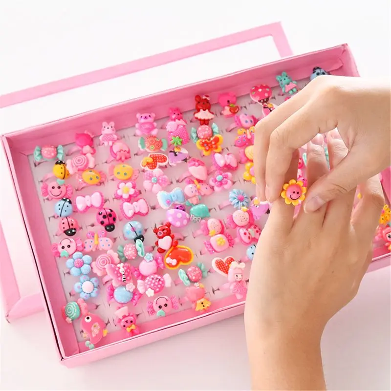 10pcs/lot Children's Cartoon Rings Candy Flower Animal Bow Shape Ring Set Mix Finger Jewelry Rings Kid Girls Toys