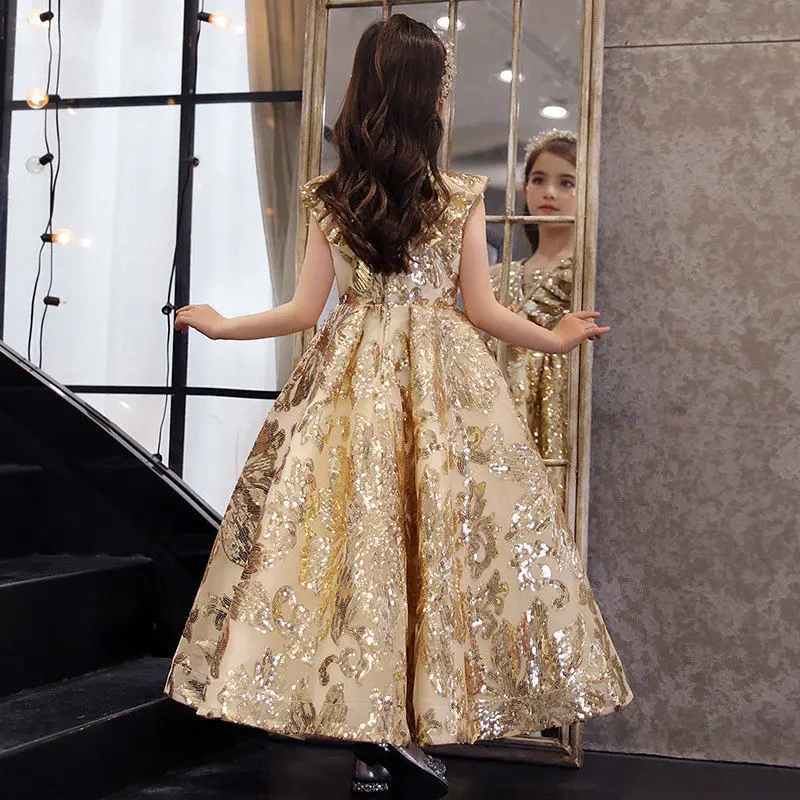 Girls First Communion Dress Children Pageant Ball Gown Girl Elegant Wedding Sequins Dresses for Kids Piano Performance Vestidos