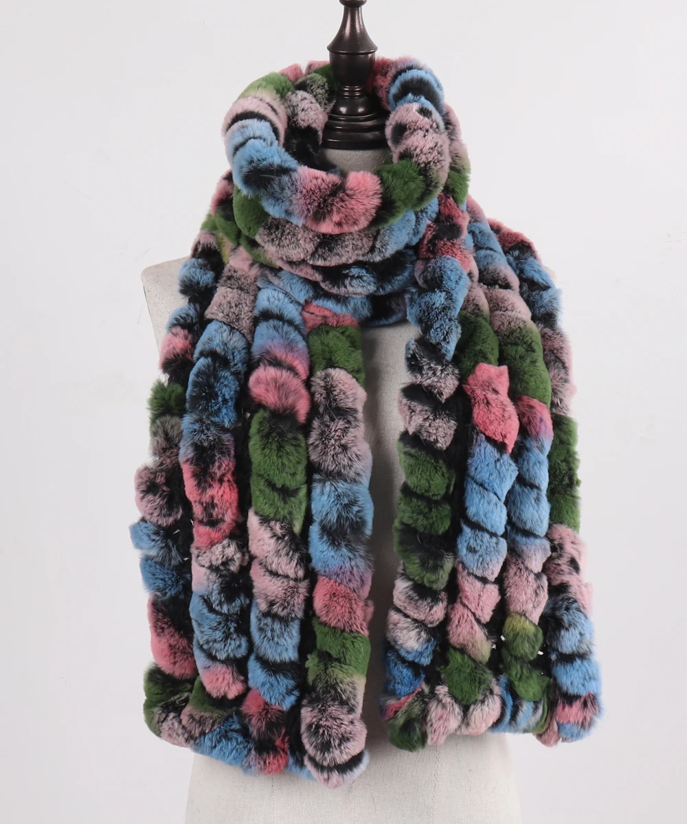 Neue Marke Gestrickter Modischer Damen Echt Rex Kaninchenfell Schal Frauen Winter Warmer Natürlicher Pelzschal Langer Stil Echter Pelz Halswärmer – Detail 27