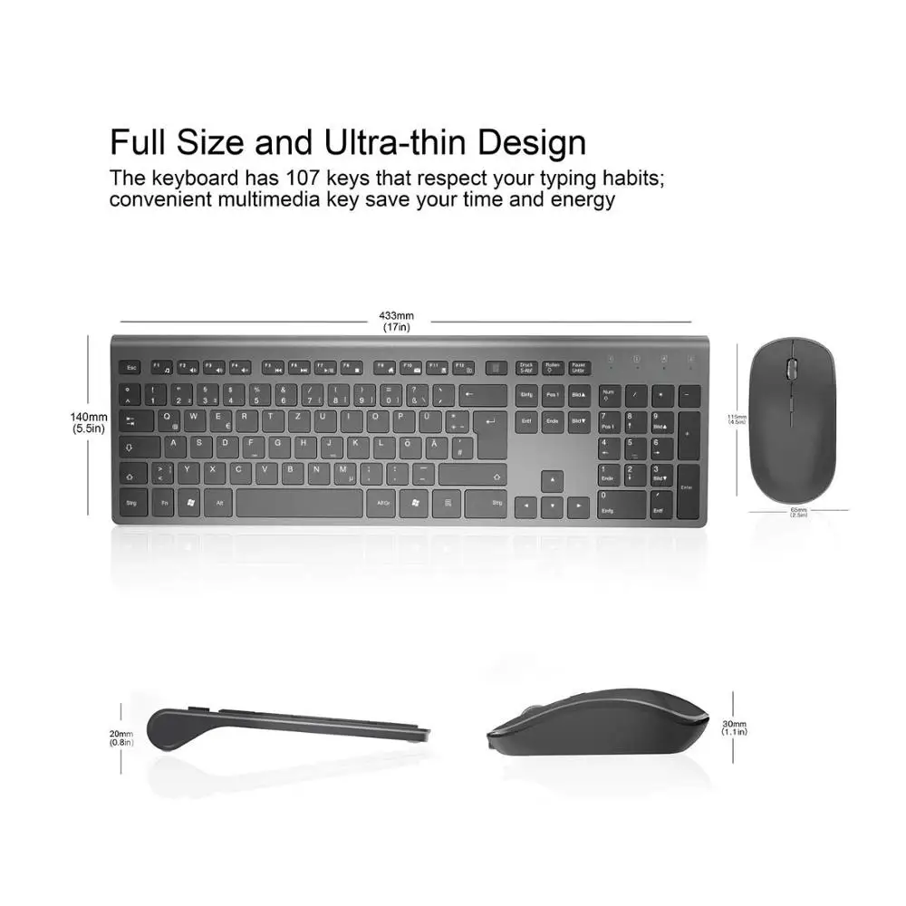 Wireless Keyboard and Mouse Combination, 2.4 Gigahertz Stable Connection Rechargeable Battery, UK/France/Korean/Spain/US Layout